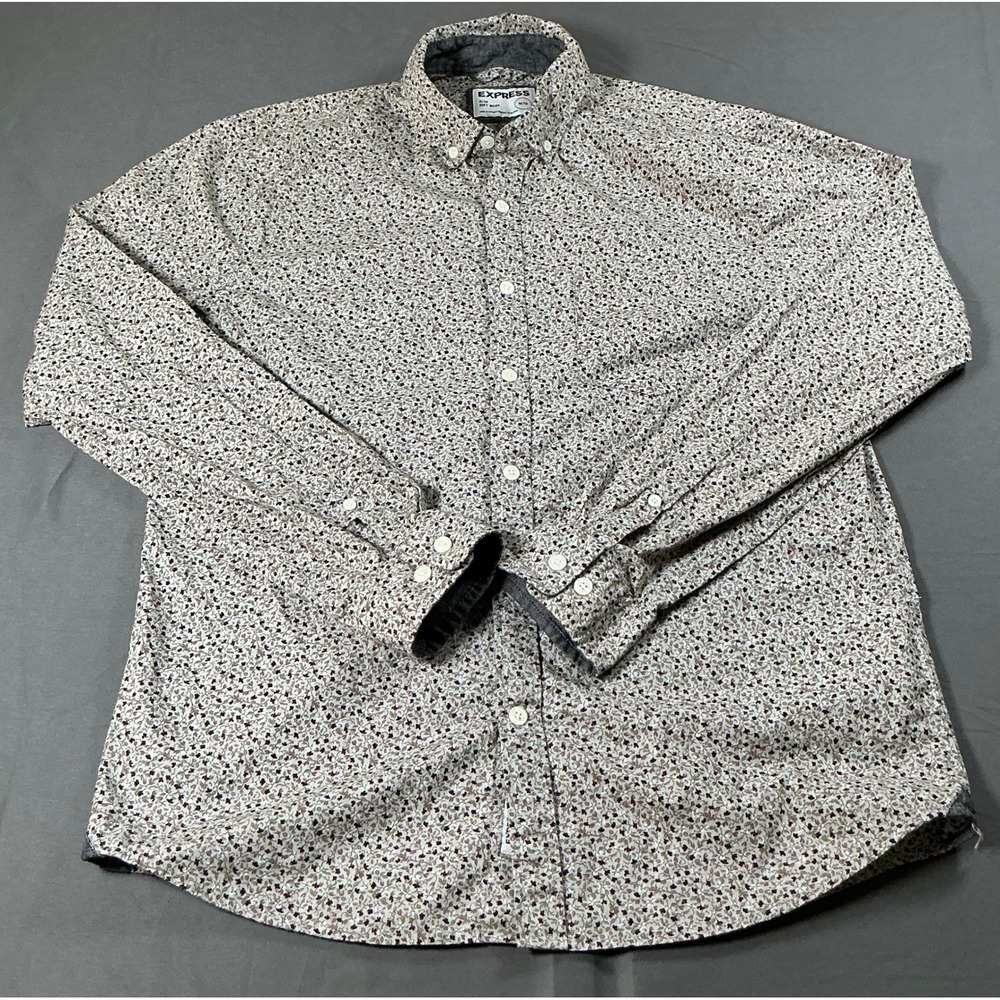Express Slim Soft Wash Mens Medium Floral Micro Print Button Down Shirt Burgundy